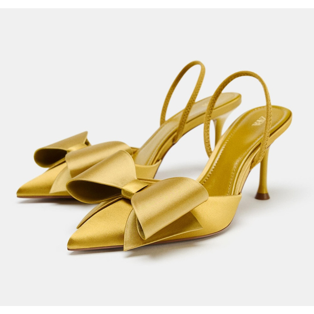 Zara Satin Slingback Heels Bow Pointed Toe Stiletto Wedding Party Sz 6.5 NWT - Picture 15 of 16